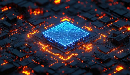 High-tech circuit board with glowing processor