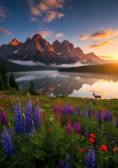 Wildflower meadow with mountains and lake at sunset