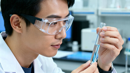 Scientist examining a test tube in a laboratory setting