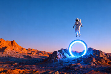 Astronaut floating above a glowing portal in a desert landscape at twilight