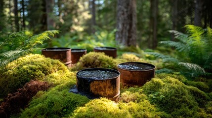 Old rusty metal barrels leaking black oil into a lush mossy forest, highlighting environmental pollution.