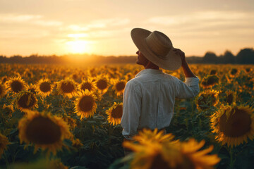 Fototapeta premium Female farmer in wide hat standing in blooming sunflower field at golden hour – countryside lifestyle and nature appreciation