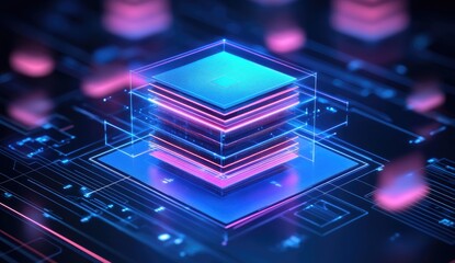 Abstract digital cube on circuit board