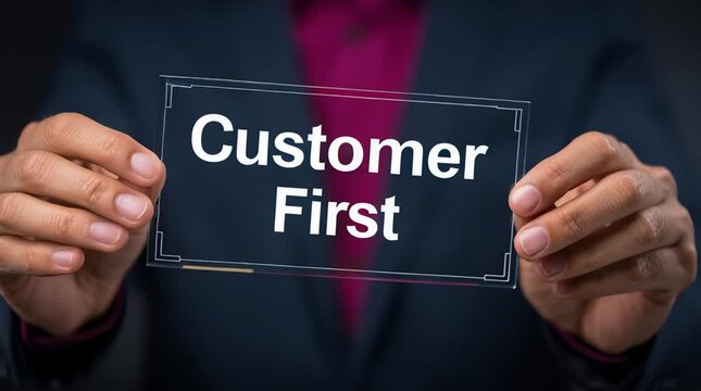 Customer first message on transparent acrylic sign held by hands with business suit background showing priority and service focus commitment