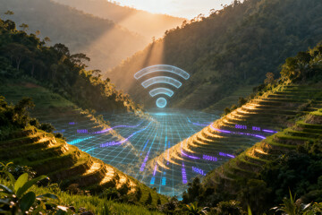 Digital network overlay on terraced mountain landscape with glowing connectivity symbols