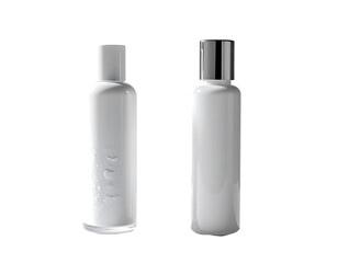Two sleek, cylindrical white bottles with subtle embossed detailing, one with a simple cap and the other with a metallic silver cap, sit against a black background