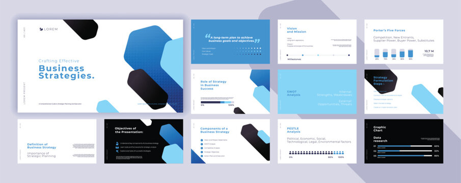 Abstract powerpoint presentation templates set, blue color identity presentation background, banner template, brochure, landing page, company profile, business design package set, vector illustration.
