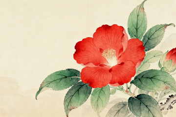 Watercolor painting of a red flower with green leaves on a soft beige background