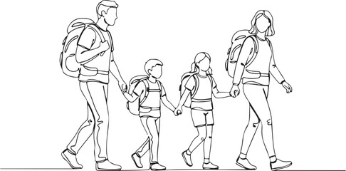 Parents Hiking with Children Line Drawing