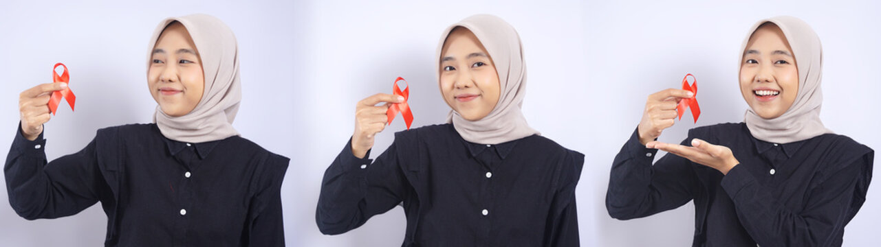 Set collection or collage of Asian muslim woman holding red ribbon as symbol of HIV AIDS awareness on white background