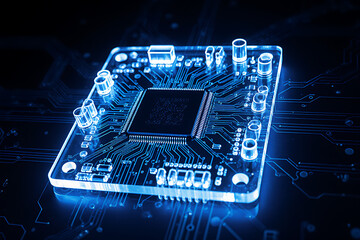 Close-up of glowing blue microchip with visible circuits and technology parts