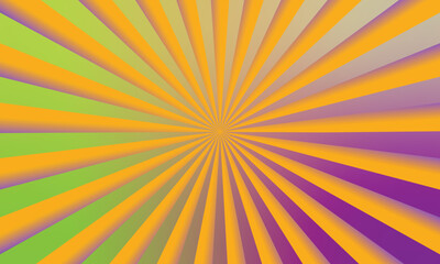 Radiant Abstract Sunburst Pattern with Vibrant Orange, Green and Purple Rays in Retro Style