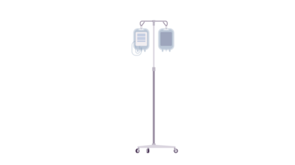 Medical IV drip stand with two bags of fluid, isolated on white.