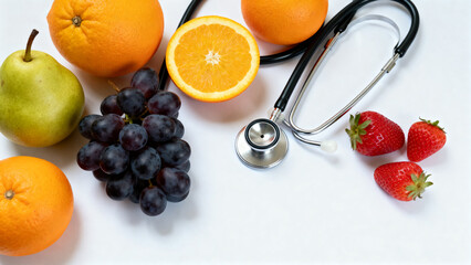 Fresh fruits and a stethoscope arranged on a white background, symbolizing healthy eating and medical wellness.