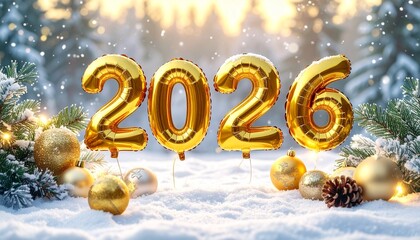New Year 2026 celebration with golden balloons, snowy surface, festive ornaments, and glowing lights.