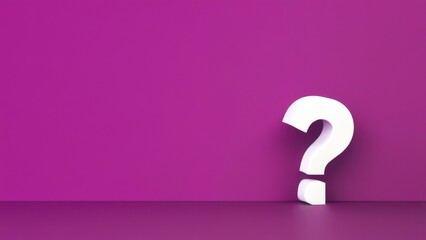 Minimalistic 3D white question mark on purple background with gradient, modern design, facing right.