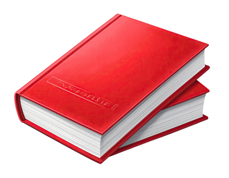 Two red hardback books stacked, showing white pages