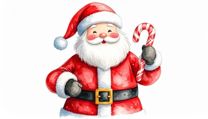 Cheerful Santa Claus holding candy cane with red splatter background and festive details.