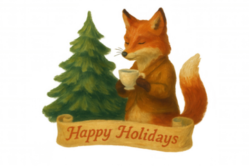 Fox in a coat holding a warm mug, standing next to a winter tree with a 'happy holidays' banner. Transparent background