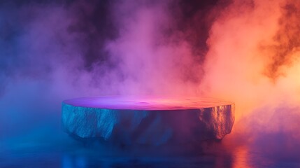 Stone podium with colorful smoke for product display and presentation