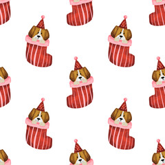 Cute Christmas pattern with a puppy in a festive stocking.
Hand-painted in a watercolor style, this seamless design features an adorable dog wearing a Santa hat 