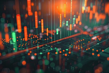 Abstract digital visualization of financial data, showing dynamic candlestick charts and circuit board patterns in vibrant orange and green hues, suggesting technological innovation and market trends