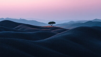 Solitary tree atop rolling hills, soft pastel dawn