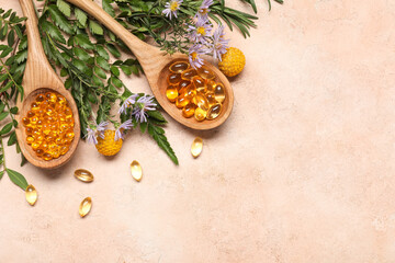 Composition with wooden spoons of pills and fresh herbs on color background