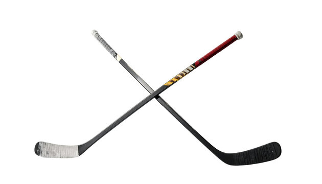 Two crossed hockey sticks; one black, one black with a red shaft.  They feature metallic blades and subtle detailing
