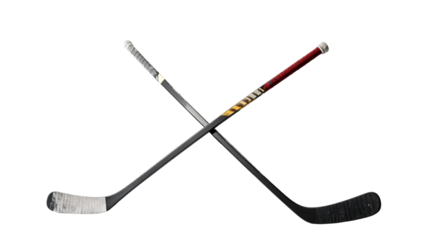 Two crossed hockey sticks; one black, one black with a red shaft.  They feature metallic blades and subtle detailing