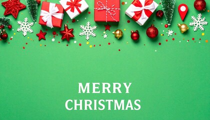 Christmas greeting design with green background, red gifts, ornaments, snowflakes, and bold white text.