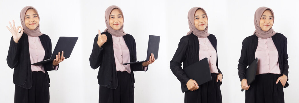 Set collection or collage of beautiful Asian muslim business woman holding laptop isolated on white background