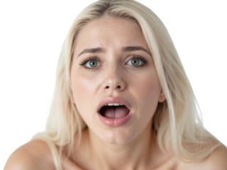 Woman expressing surprise or shock with wide open eyes and mouth, showing raw emotion in a bright indoor setting