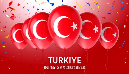 Turkish Republic Day celebration with red balloons, flag symbols, and colorful confetti.