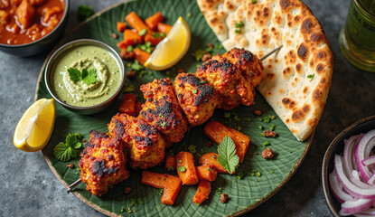 Delicious Indian Chicken Tikka Skewers with Naan and Mint Chutney