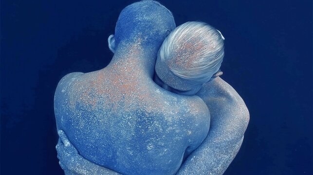 Artistic conceptual image of two people embracing, covered in shimmering blue paint. Perfect for advertising campaigns, contemporary art projects, mental health awareness, human connection themes