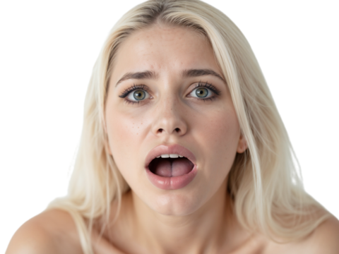 Woman expressing surprise or shock with wide open eyes and mouth, showing raw emotion in a bright indoor setting