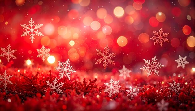 Red holiday background with glowing bokeh lights, white snowflakes, and glittery textures.