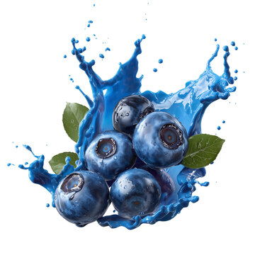 Realistic Blueberry Splash with Berries on a Transparent Background