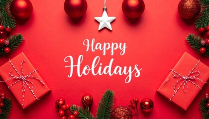 Holiday greeting card with red background, festive decorations, and "Happy Holidays" text in white script.