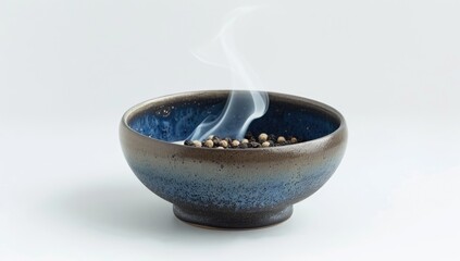 A dark-blue and brown ceramic bowl sits on a white background, filled with peppercorns and emitting a thin, wispy stream of smoke