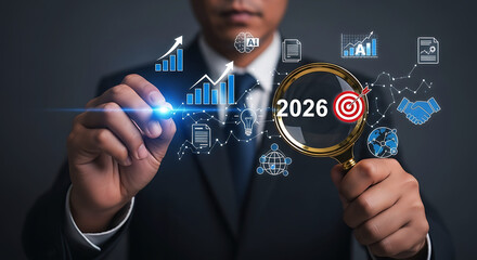 Strategic business planning and future vision of 2026 highlighting business trends and growth opportunities with artificial intelligence and global collaboration for long term success