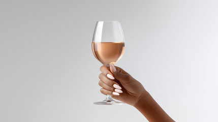 Elegant hand holding a glass of rosé wine against a minimalist background, symbolizing celebration, luxury, and lifestyle. 
