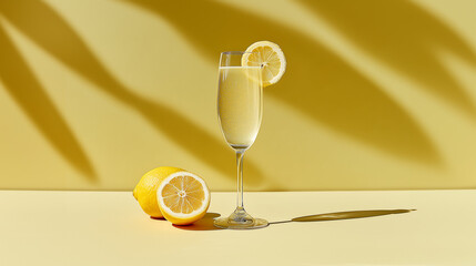 Refreshing glass of sparkling lemonade with lemon slice on rim, minimal summer drink composition with lemons on yellow background. 