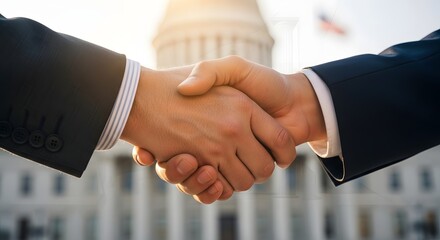 Close-up handshake symbolizing democratic values and cooperation.