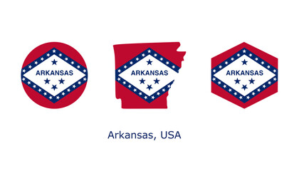 Arkansas flag  set. Arkansas USA flag vector. Arkansas flag map, circle, and hexagon on white background