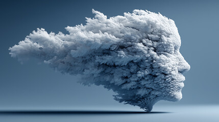 Surreal 3D artwork of a human face formed from clouds and smoke, abstract concept of imagination, creativity, and dreamlike thought. 
