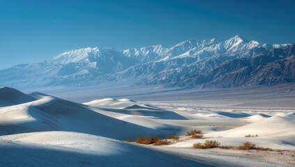 Vast white desert dunes meet snow-capped mountains