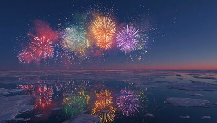 Colorful fireworks reflect on icy arctic waters at twilight