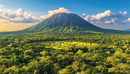 Lush green forest surrounds a dormant volcano under a partly cloudy sky